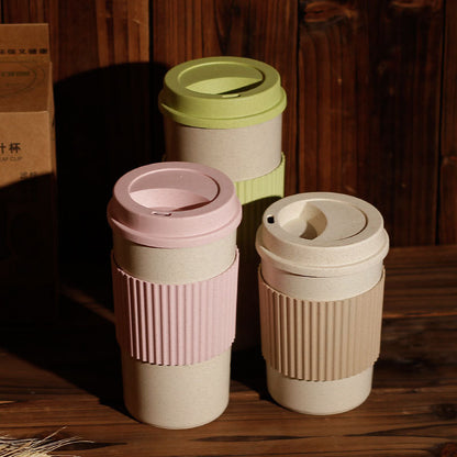 Reusable Coffee Tea Cup Random Color Wheat Straw Mug Coffee Cup with Lid Home Outdoor Water Bottle Travel Insulated Cup