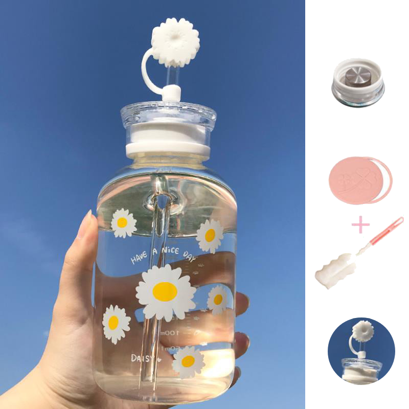 Glass Water Bottle with Straw Creative Daisy Frosted Transparent Cup Leakproof Portable Drinking Bottle with a Sealing Cap Lid