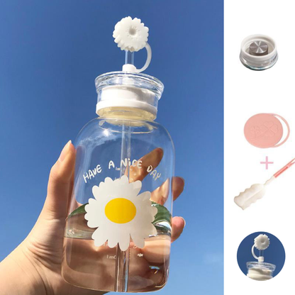 Glass Water Bottle with Straw Creative Daisy Frosted Transparent Cup Leakproof Portable Drinking Bottle with a Sealing Cap Lid