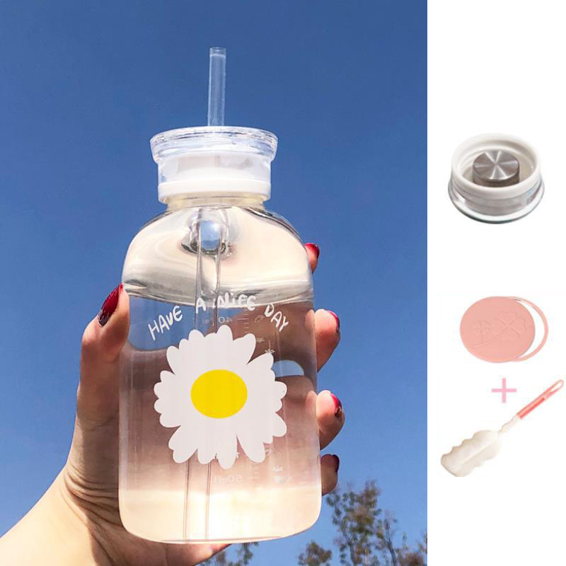 Glass Water Bottle with Straw Creative Daisy Frosted Transparent Cup Leakproof Portable Drinking Bottle with a Sealing Cap Lid