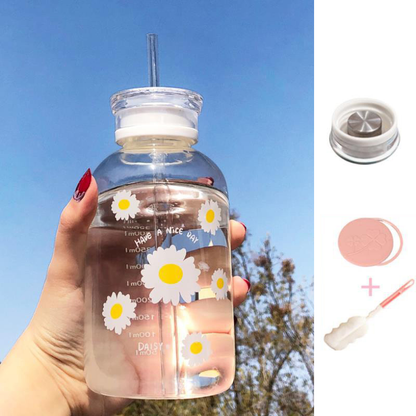 Glass Water Bottle with Straw Creative Daisy Frosted Transparent Cup Leakproof Portable Drinking Bottle with a Sealing Cap Lid