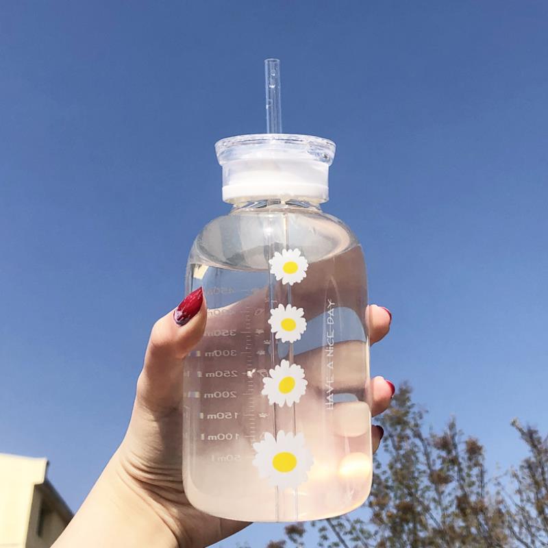 Glass Water Bottle with Straw Creative Daisy Frosted Transparent Cup Leakproof Portable Drinking Bottle with a Sealing Cap Lid