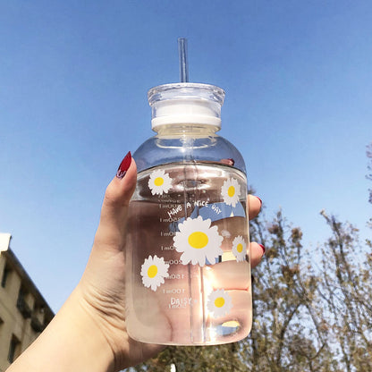 Glass Water Bottle with Straw Creative Daisy Frosted Transparent Cup Leakproof Portable Drinking Bottle with a Sealing Cap Lid