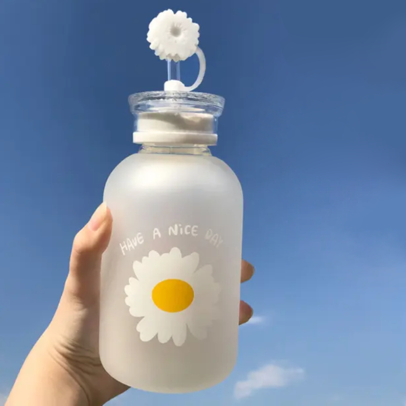 Glass Water Bottle with Straw Creative Daisy Frosted Transparent Cup Leakproof Portable Drinking Bottle with a Sealing Cap Lid