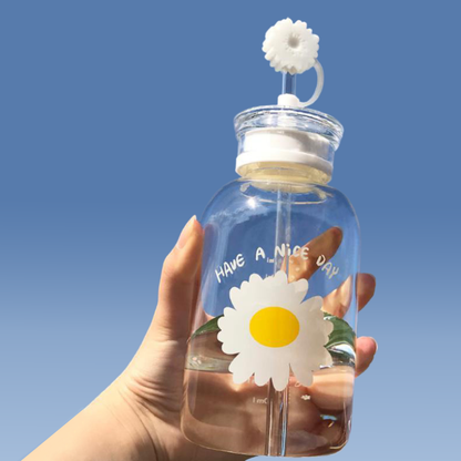 Glass Water Bottle with Straw Creative Daisy Frosted Transparent Cup Leakproof Portable Drinking Bottle with a Sealing Cap Lid