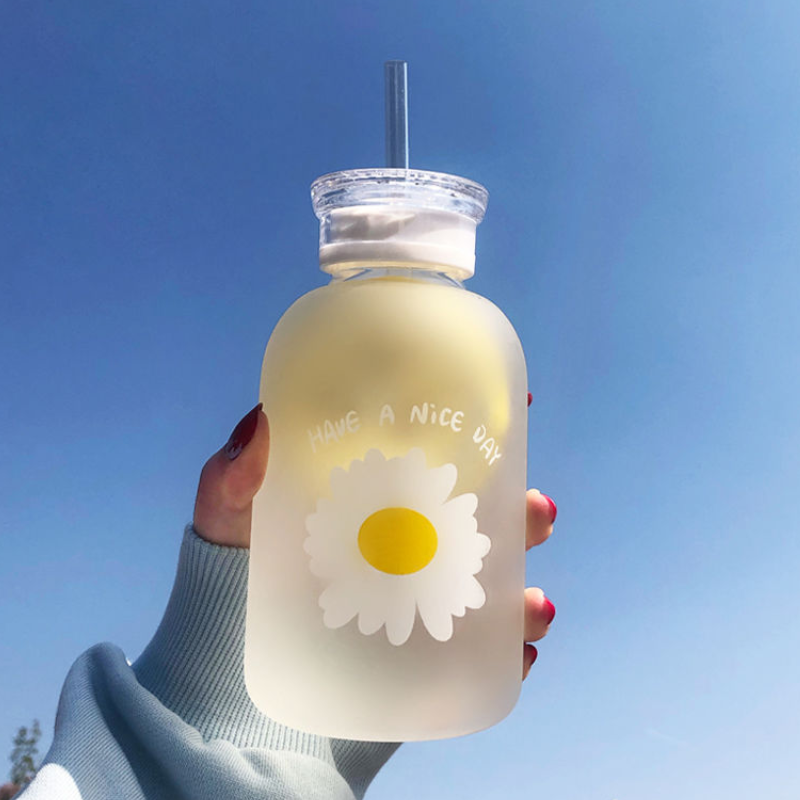 Glass Water Bottle with Straw Creative Daisy Frosted Transparent Cup Leakproof Portable Drinking Bottle with a Sealing Cap Lid