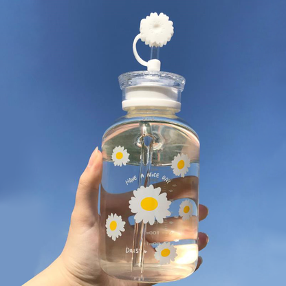 Glass Water Bottle with Straw Creative Daisy Frosted Transparent Cup Leakproof Portable Drinking Bottle with a Sealing Cap Lid